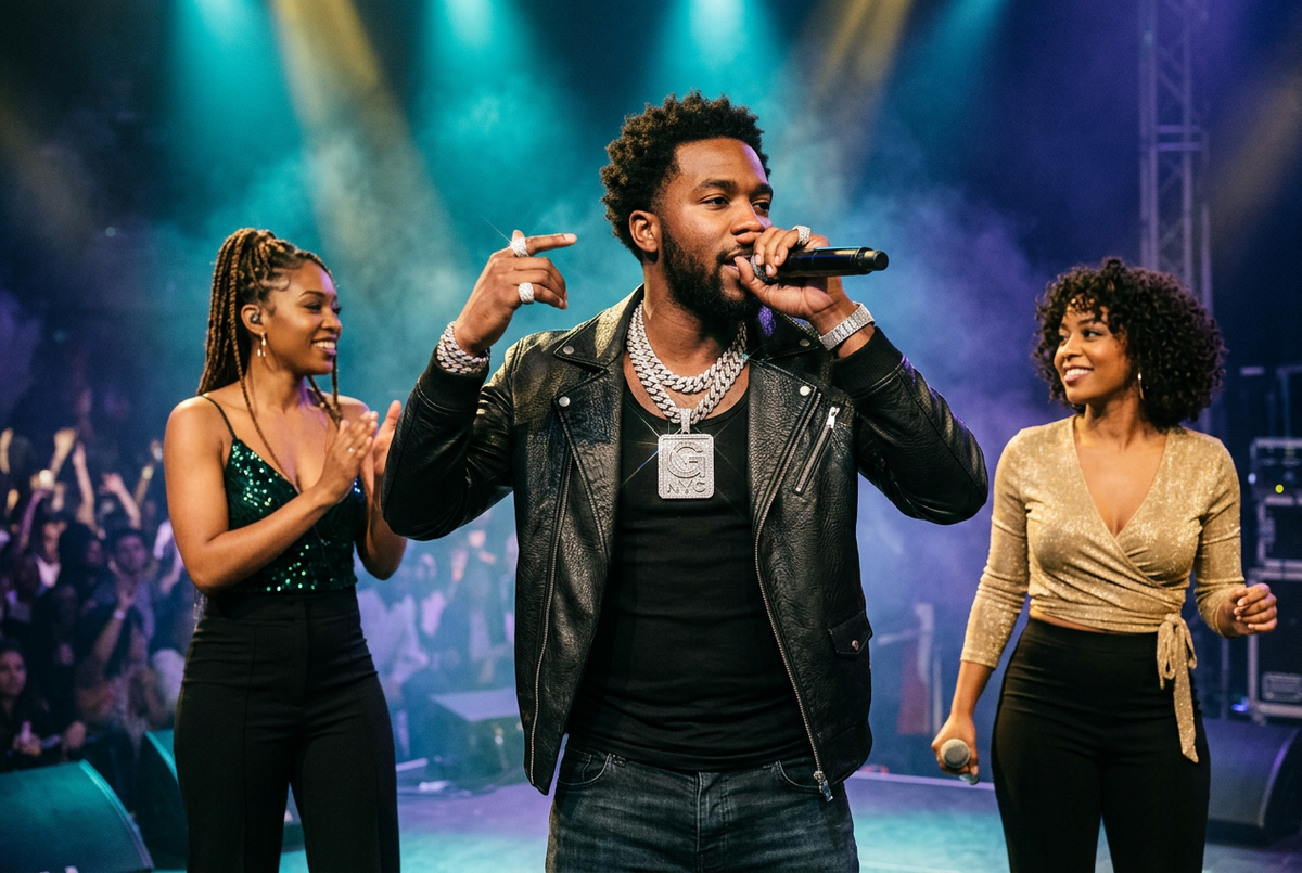 Hip-hop performer wearing iced-out chains and jewelry on stage with two women beside him.