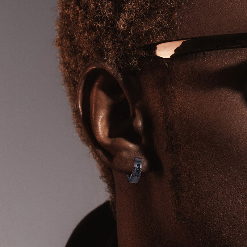 Mens Unique Style Solid 925 Silver Genuine VVS Diamond Black Huggie Cross Hip Hop Earrings