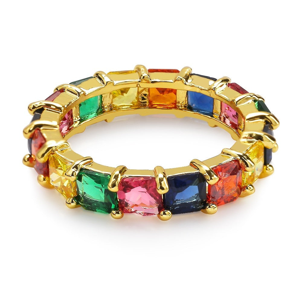 Silver 14k Gold 1 Row Colorful Solitaire Princess Cut Square AAA Stone Ring