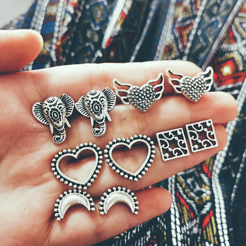 10 Pcs/set Bohemian Retro Elephant Heart Wing Moon Square Silver Earrings Set