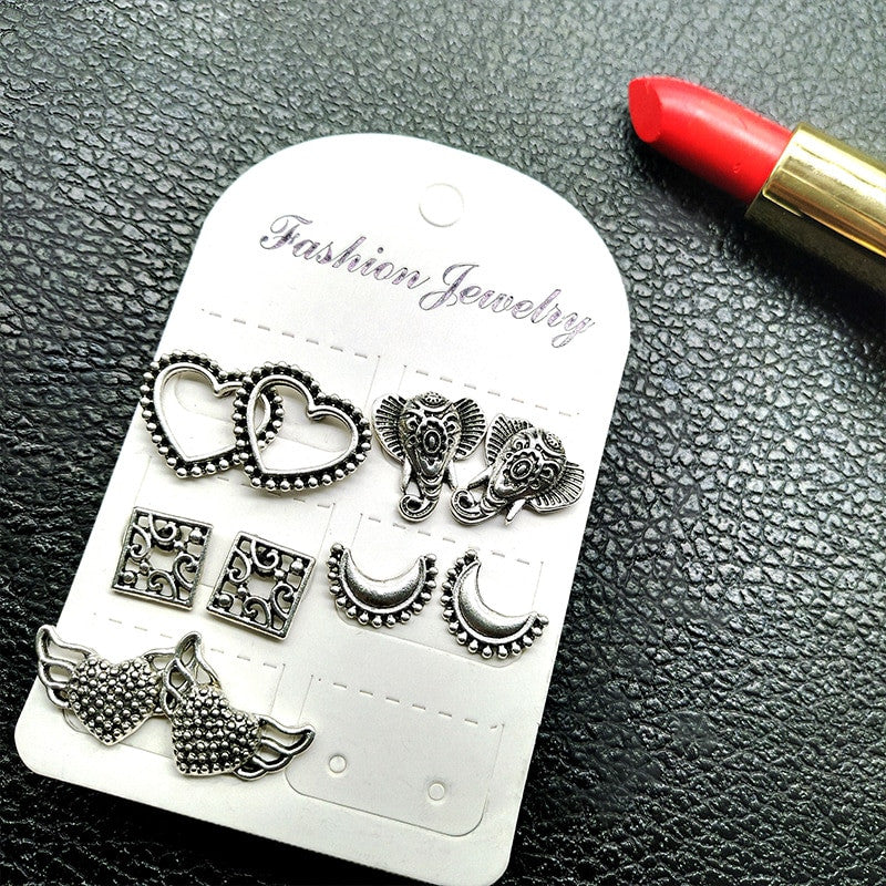 10 Pcs/set Bohemian Retro Elephant Heart Wing Moon Square Silver Earrings Set