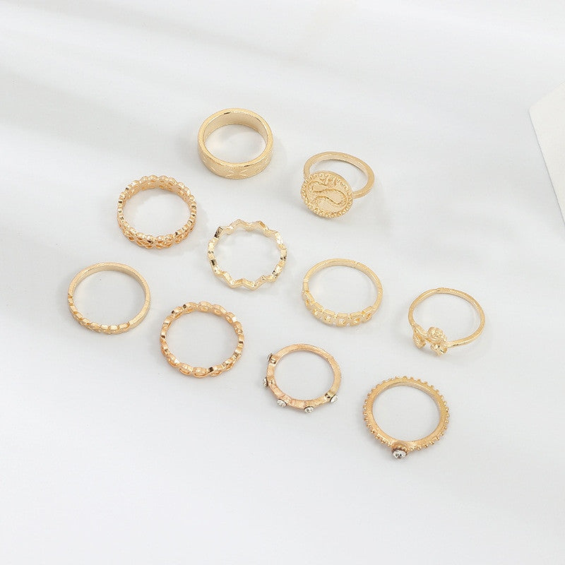 Boho 10 Piece Gold Retro Snake Wave Arrow Flower Crystal Jewelry Ring Set