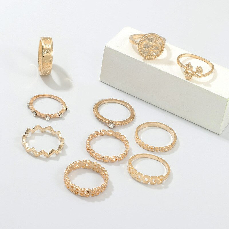 Boho 10 Piece Gold Retro Snake Wave Arrow Flower Crystal Jewelry Ring Set