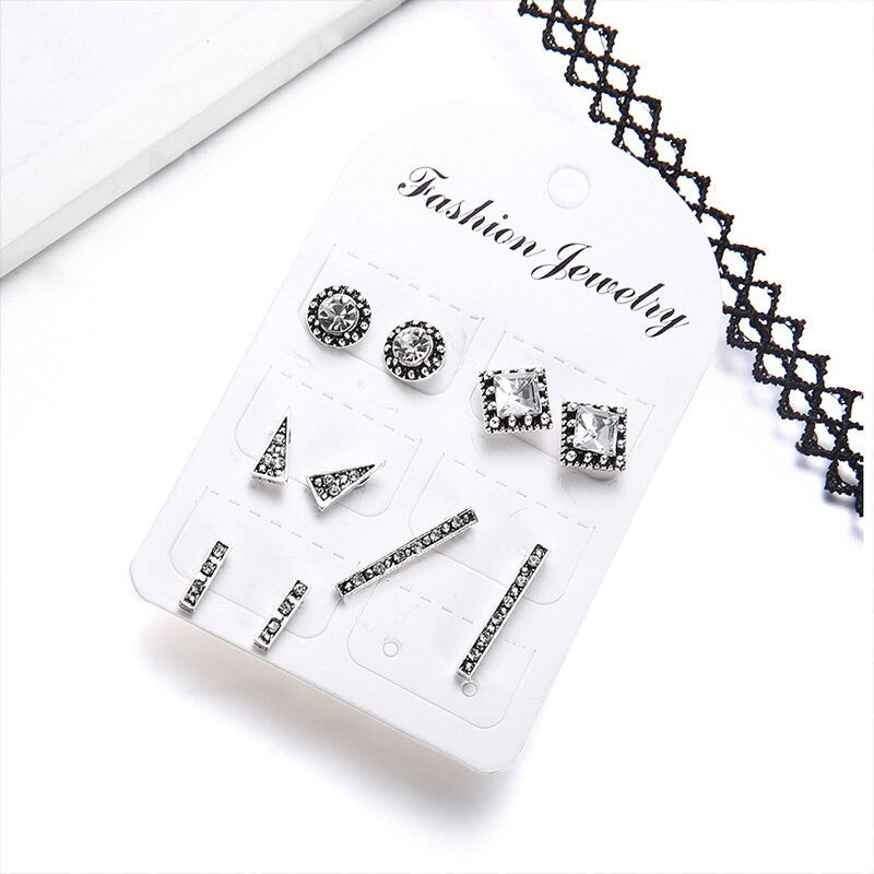 Ladies Boho Retro Triangle Round Geo Crystal Silver Bling Earrings Set