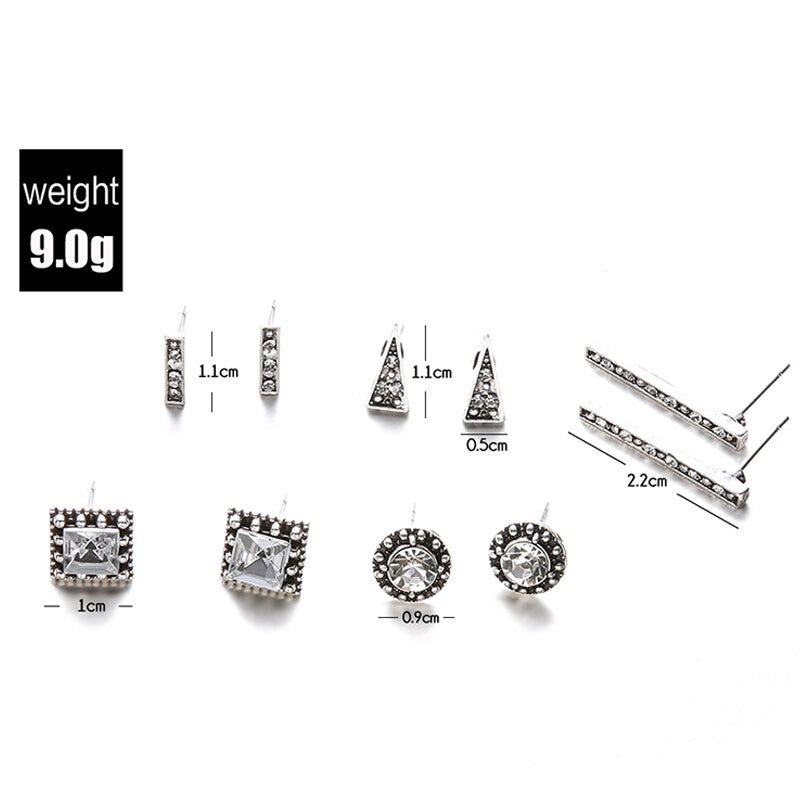 Ladies Boho Retro Triangle Round Geo Crystal Silver Bling Earrings Set