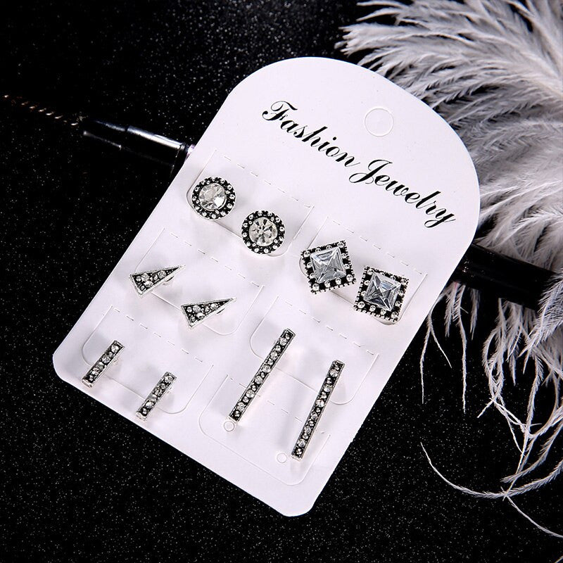 Ladies Boho Retro Triangle Round Geo Crystal Silver Bling Earrings Set