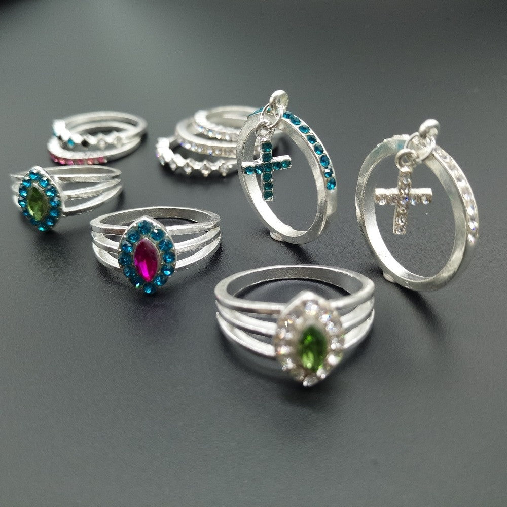 Ladies 10 Piece Boho Colorful Crystal Cross Pendant Rings Jewelry Set
