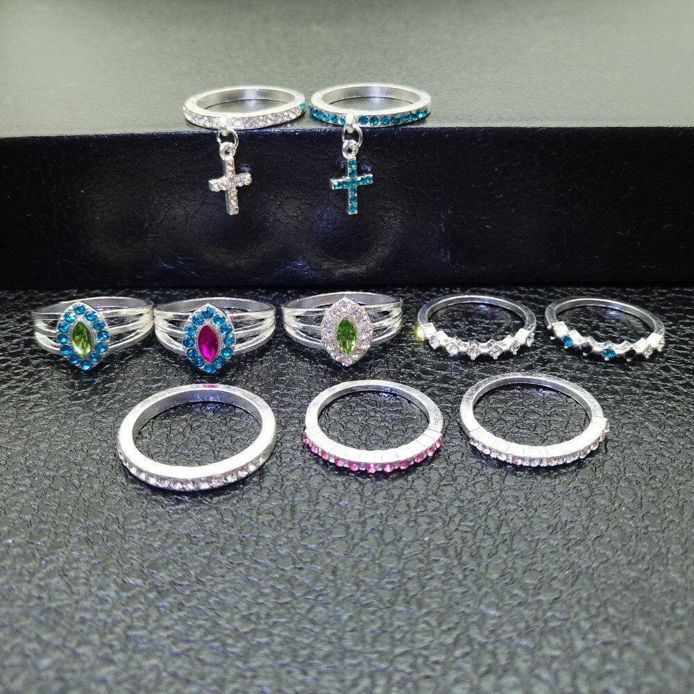 Ladies 10 Piece Boho Colorful Crystal Cross Pendant Rings Jewelry Set