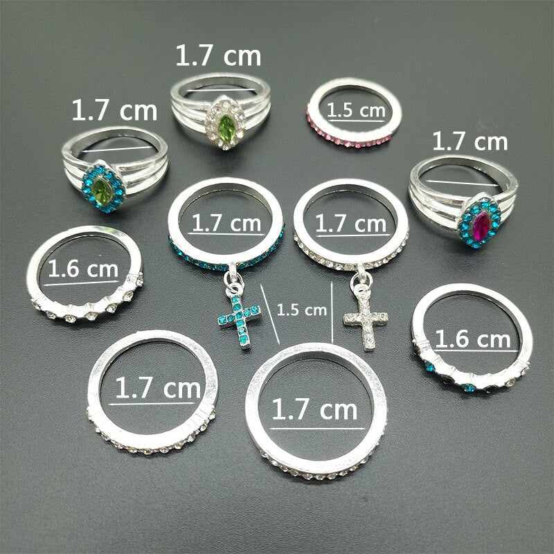 Ladies 10 Piece Boho Colorful Crystal Cross Pendant Rings Jewelry Set