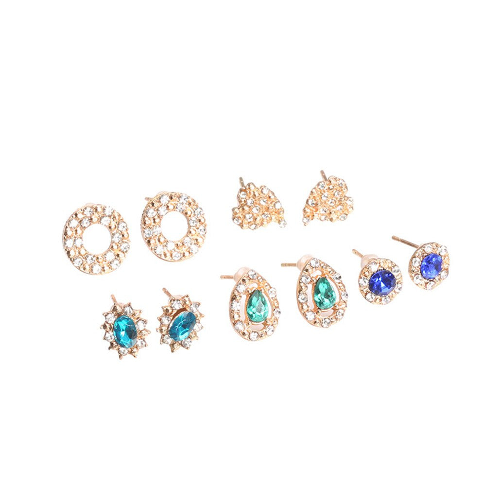 Women Classic Crystal Heart Round Gemstone Bling 10 Piece Earrings Fashion Set