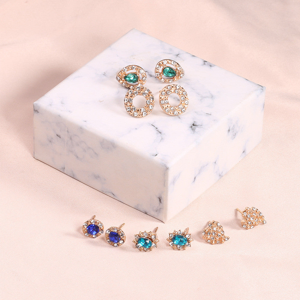 Women Classic Crystal Heart Round Gemstone Bling 10 Piece Earrings Fashion Set