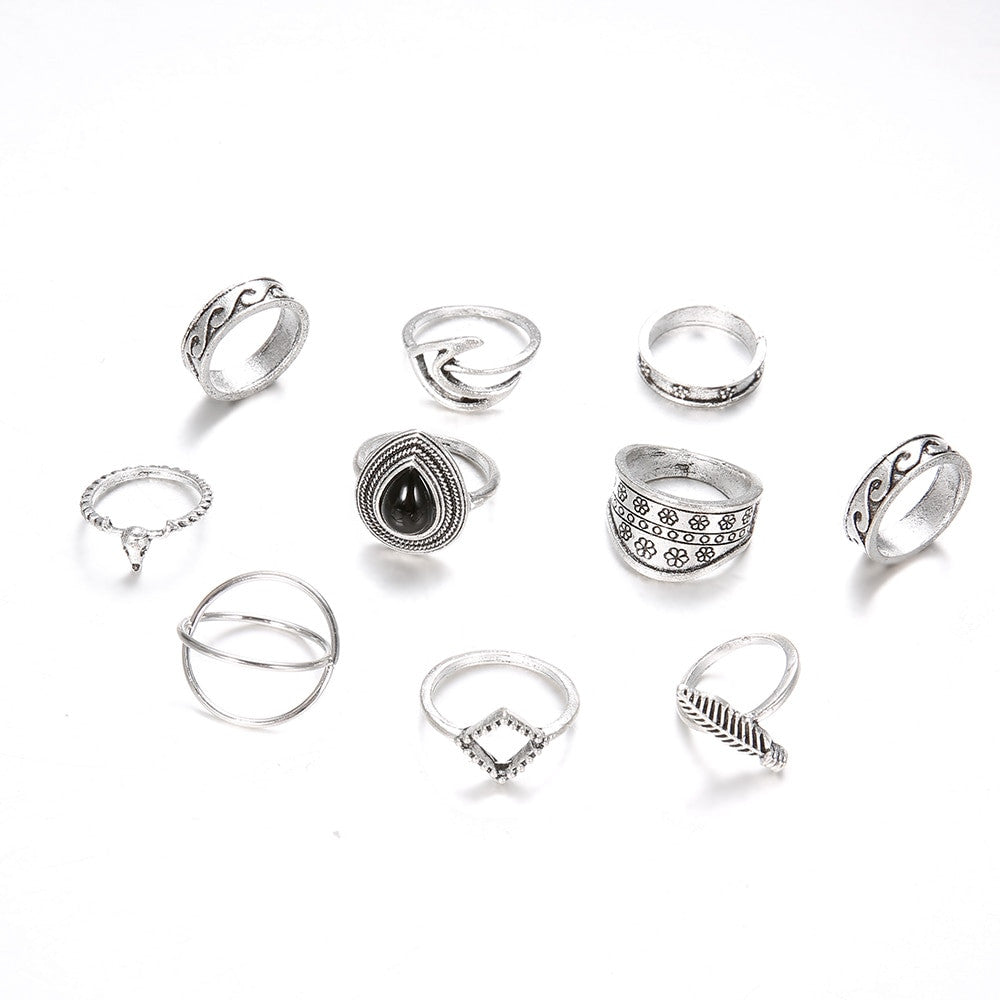 Fashion Water Drop 10 Piece Gem Flower Personality Girl Carved Cross Leaf Waves Silver Ring Set