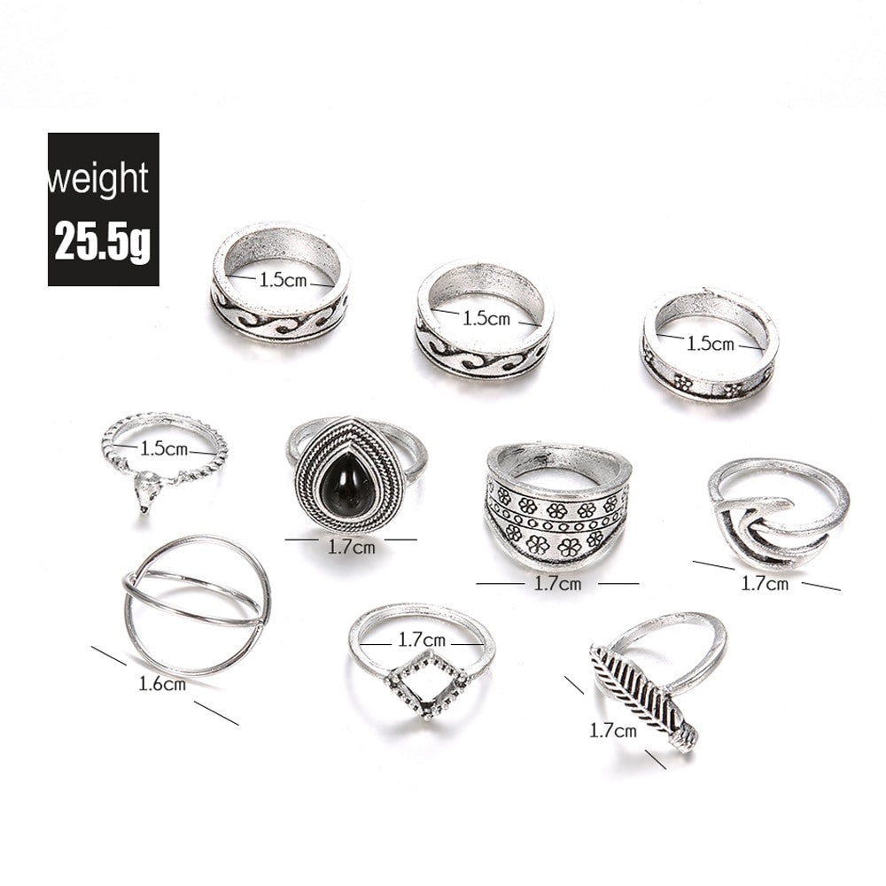 Fashion Water Drop 10 Piece Gem Flower Personality Girl Carved Cross Leaf Waves Silver Ring Set