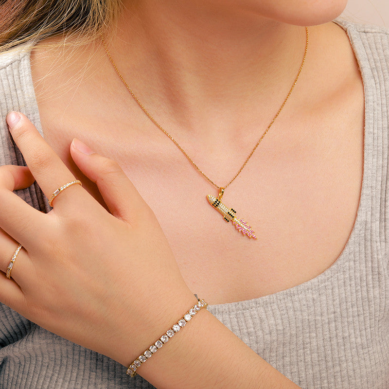 Genuine Diamond Solid 925 Flaming Missile Hip Hop Pendant Chain Necklace