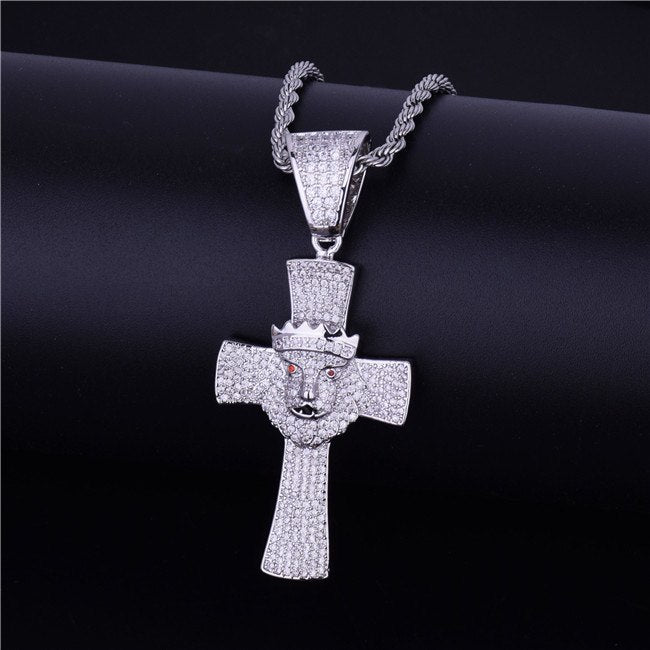 VVS Diamond Micro Pave 18k Gold .925 Silver Lion Of Judah Hip Hop Cross Pendant