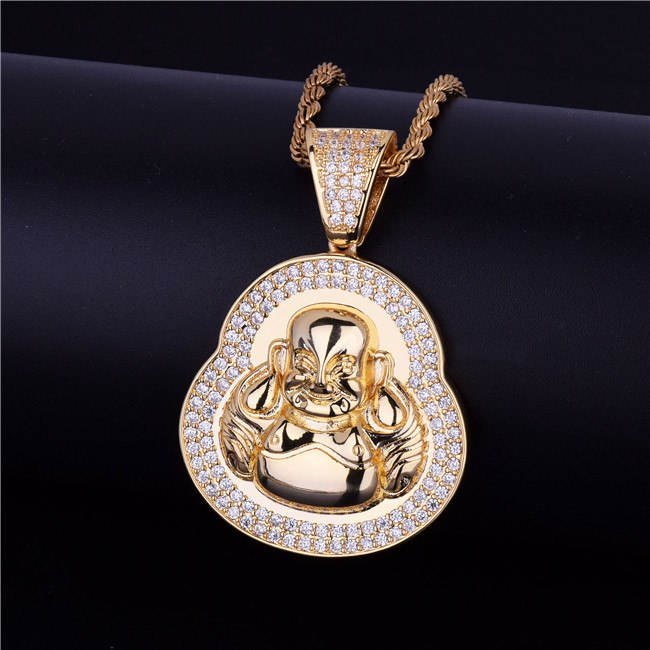 18k Gold .925 Silver Designer AAA True Micro Pave Spiritual Buddha Pendant Chain Necklace