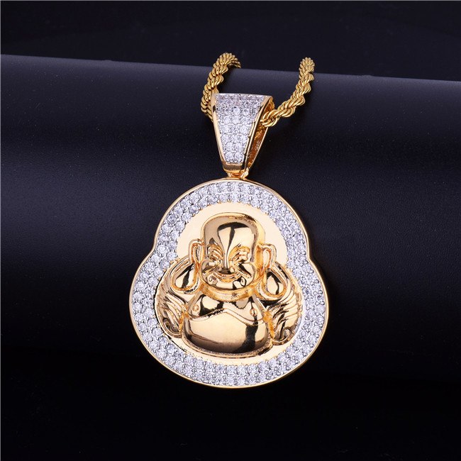 18k Gold .925 Silver Designer AAA True Micro Pave Spiritual Buddha Pendant Chain Necklace