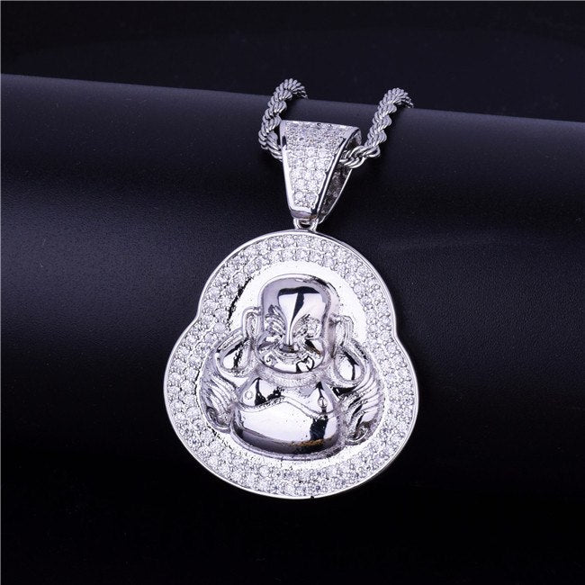 18k Gold .925 Silver Designer AAA True Micro Pave Spiritual Buddha Pendant Chain Necklace