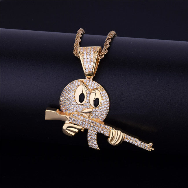 Flooded 1ce 18k Gold .925 Silver Ak47 Emoji Face AAA True Micro Pave Gun Pendant Chain Necklace
