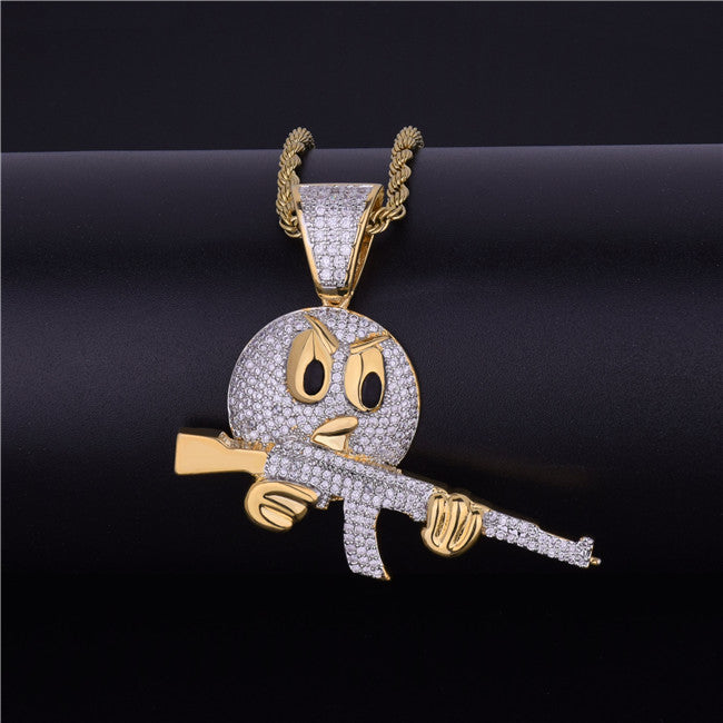 Flooded 1ce 18k Gold .925 Silver Ak47 Emoji Face AAA True Micro Pave Gun Pendant Chain Necklace