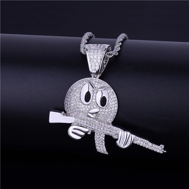 Flooded 1ce 18k Gold .925 Silver Ak47 Emoji Face AAA True Micro Pave Gun Pendant Chain Necklace