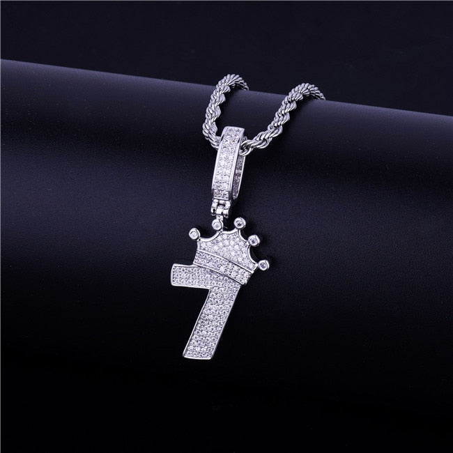 Kings Crown 18k Gold 925 Silver Lucky Number 7 AAA True Micro Pave Flooded Ice Chain