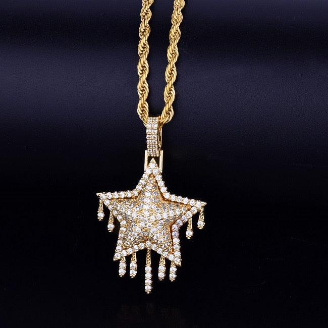 Drip Drop 18k Gold .925 Silver Super Star Flooded Ice Pendant Chain Necklace