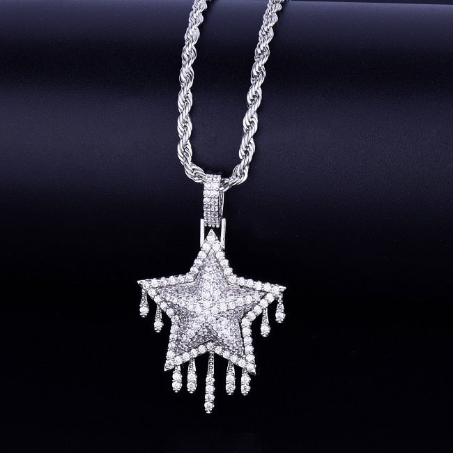 Drip Drop 18k Gold .925 Silver Super Star Flooded Ice Pendant Chain Necklace