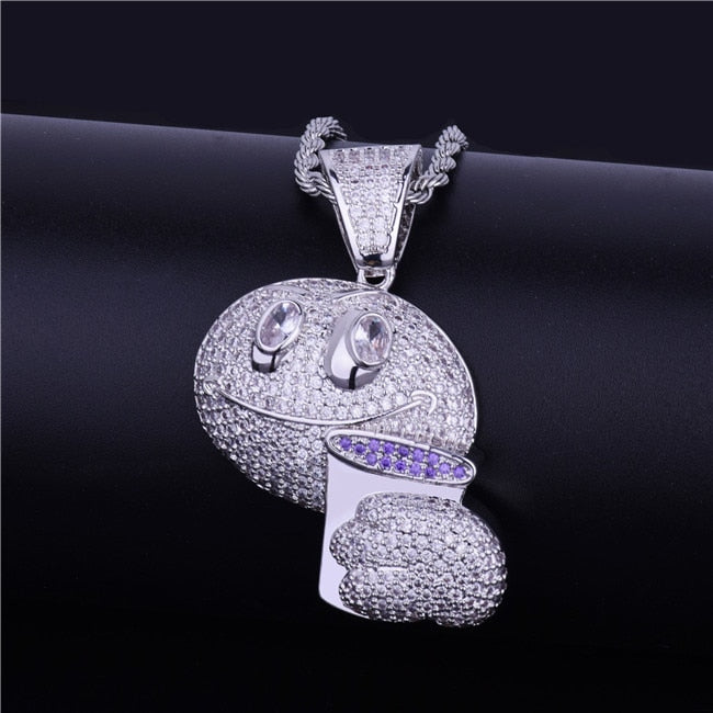 18k Gold .925 Silver Drunk Lean Emoji Holding Purple Cup AAA Micro Pave Pendant Chain Necklace