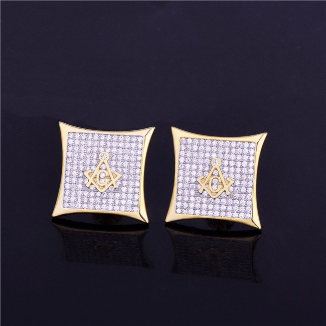 FreeMason | Flooded Ice Square Masonic 18k Gold 925 Silver Hip Hop Earrings