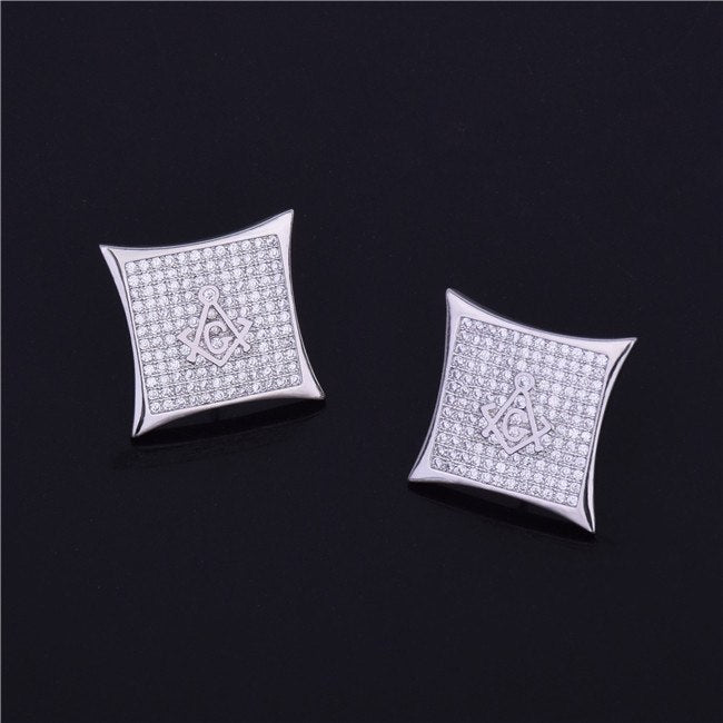 FreeMason | Flooded Ice Square Masonic 18k Gold 925 Silver Hip Hop Earrings