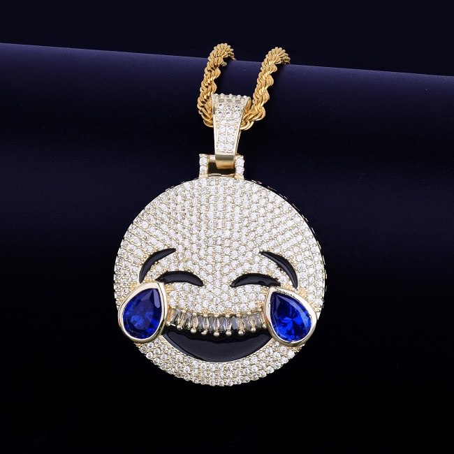 18k Gold .925 Silver AAA Micro Pave Laugh Cry Hip Hop Iced Emoji Pendant Chain Necklace