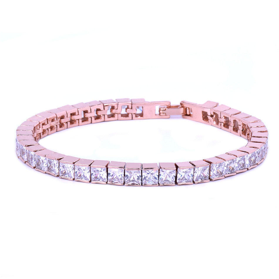 24k Gold Rose .925 Silver 5mm Flooded Ice AAA Princess Cut Stone Tennis Chain Bling Bracelet