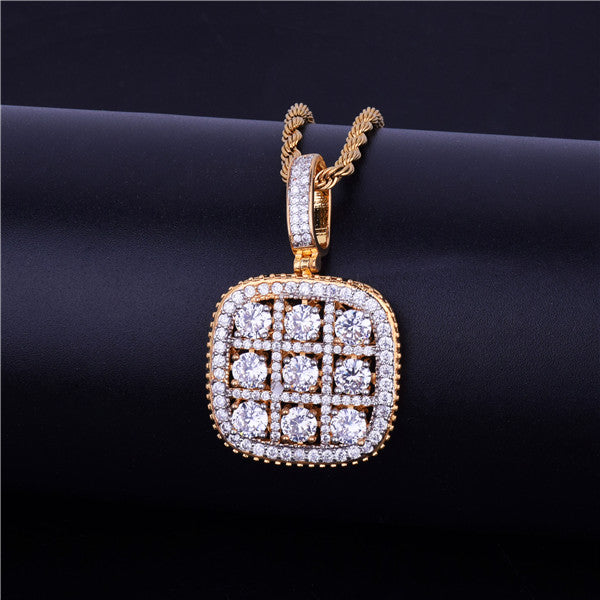 Big Boy Flooded Ice 18k Gold .925 Silver Solitaire Square Cluster Pendant Chain