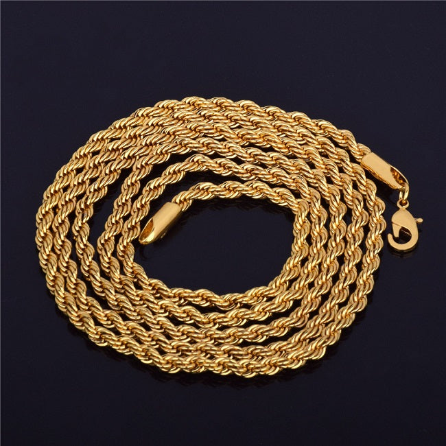 30 Inch 3mm 6mm 14k Gold Over Stainless Steel Rope Hip Hop Chain Necklace