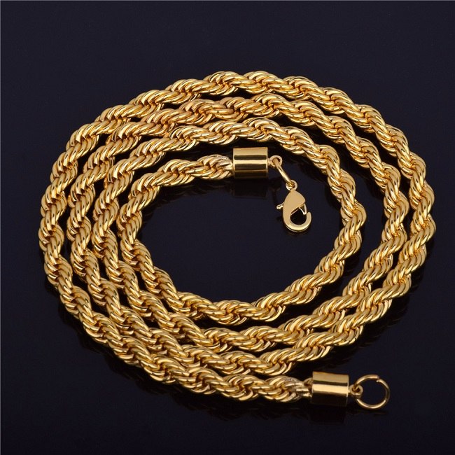 30 Inch 3mm 6mm 14k Gold Over Stainless Steel Rope Hip Hop Chain Necklace