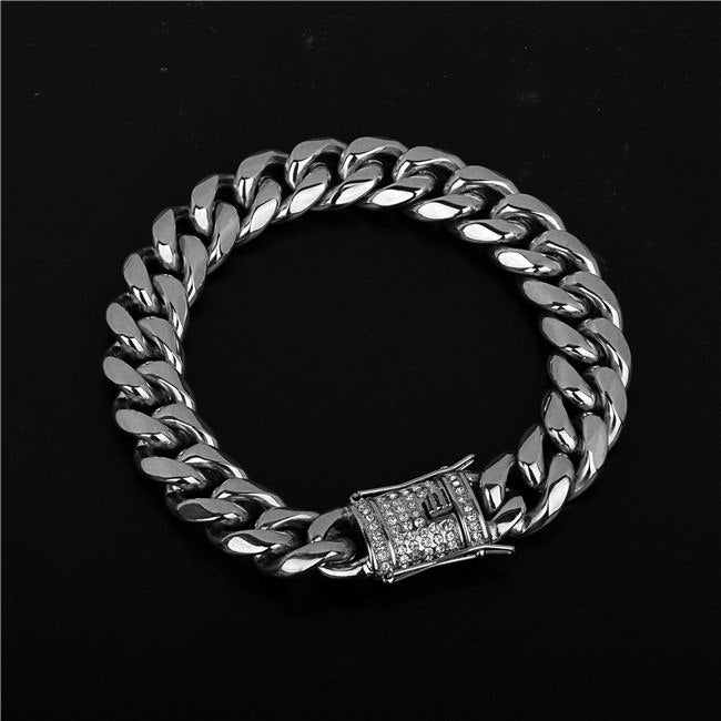 14mm Hip Hop Men's Iced Clasp Stainless Steel Miami Cuban Link Bracelet