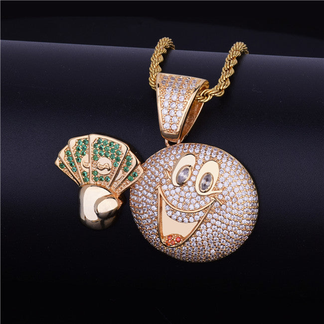 18k Gold .925 Silver Smiling Hip Hop Cash Money Man Emoji Face Pendant Chain Necklace
