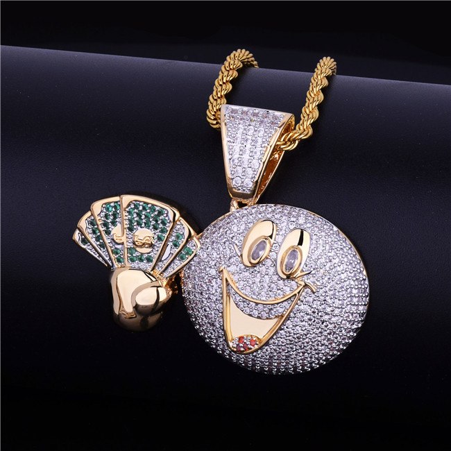 18k Gold .925 Silver Smiling Hip Hop Cash Money Man Emoji Face Pendant Chain Necklace