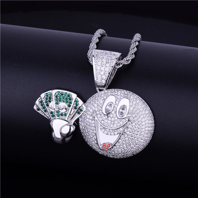 18k Gold .925 Silver Smiling Hip Hop Cash Money Man Emoji Face Pendant Chain Necklace