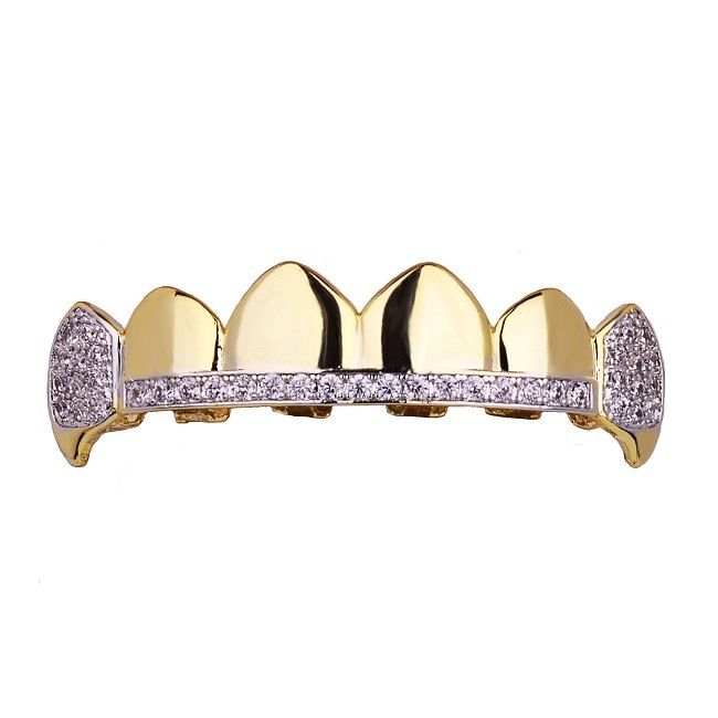 14k Gold Hip Hop Teeth Tooth Iced Out Micro Pave Fang Mouth Grillz Top and Bottom
