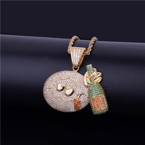 Flooded Ice Micro Pave 18k Gold .925 Silver Drunk Emoji Face Wine Bottle Bling Pendant