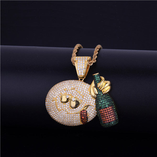 Flooded Ice Micro Pave 18k Gold .925 Silver Drunk Emoji Face Wine Bottle Bling Pendant