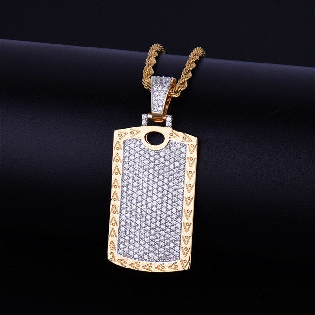 18k AAA Micro Pave Flooded Ice Cage Dog Tag Pendant Hip Hop Chain Necklace