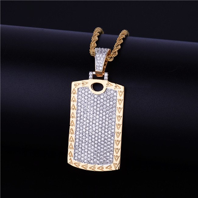 18k AAA Micro Pave Flooded Ice Cage Dog Tag Pendant Hip Hop Chain Necklace