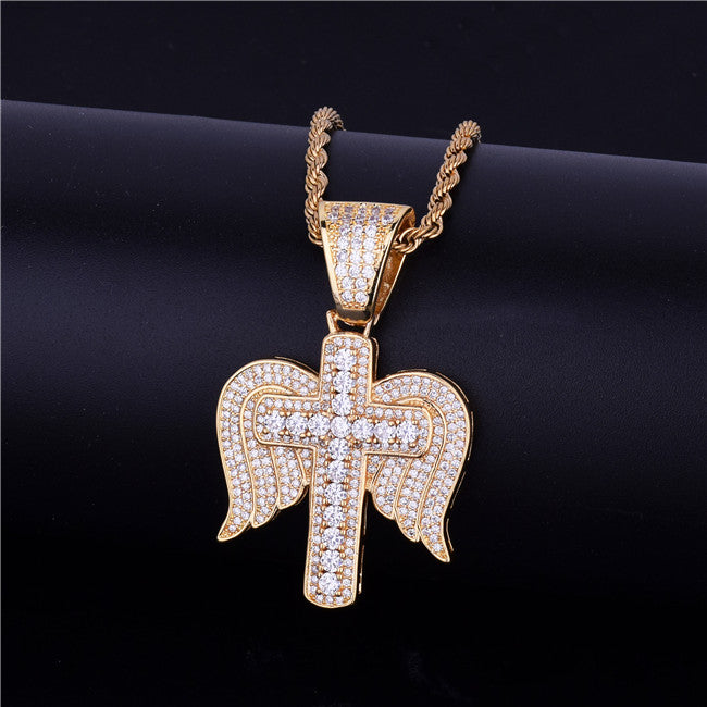 Flooded Ice 18k Gold .925 Silver Cross Angel Wings Hip Hop Necklace Chain Pendant