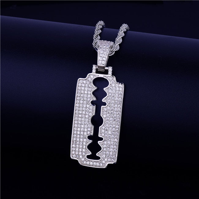 Flooded Ice 18k Gold .925 Silver Rose AAA Micro Pave Razor Blade Hip Hop Pendants Chain