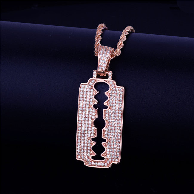 Flooded Ice 18k Gold .925 Silver Rose AAA Micro Pave Razor Blade Hip Hop Pendants Chain