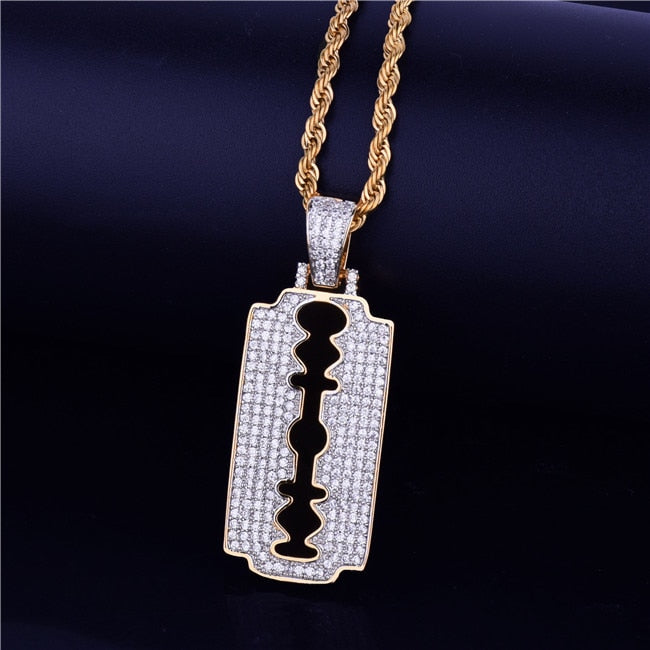 Flooded Ice 18k Gold .925 Silver Rose AAA Micro Pave Razor Blade Hip Hop Pendants Chain