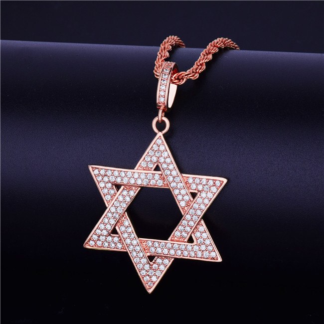 Rose 18k Gold .925 Silver Micro Pave AAA Flooded Ice Star of David Pendant Chain Necklace